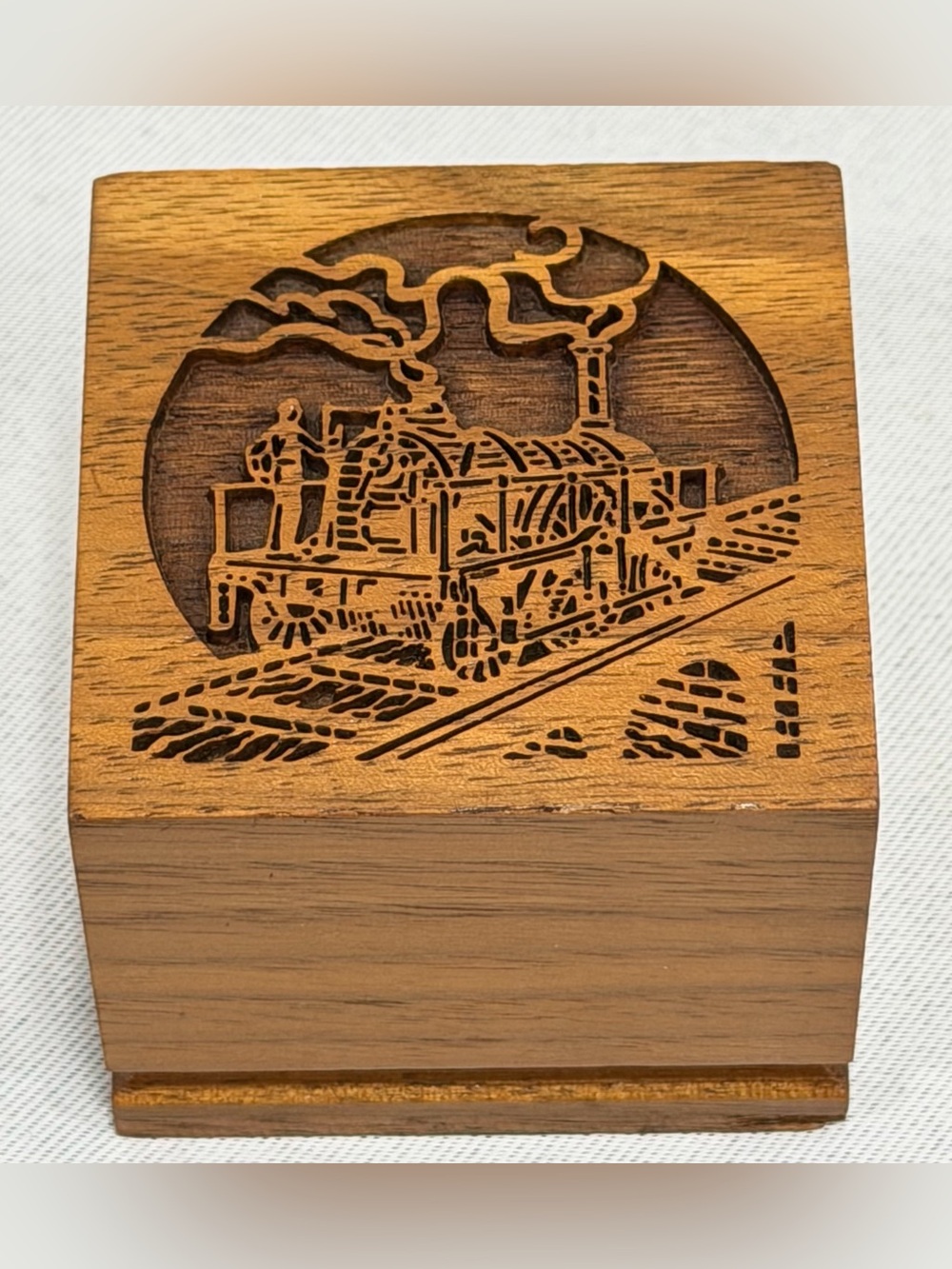 Wooden Postage Stamp Roll Dispenser Laser Cut Train Genuine American Walnut